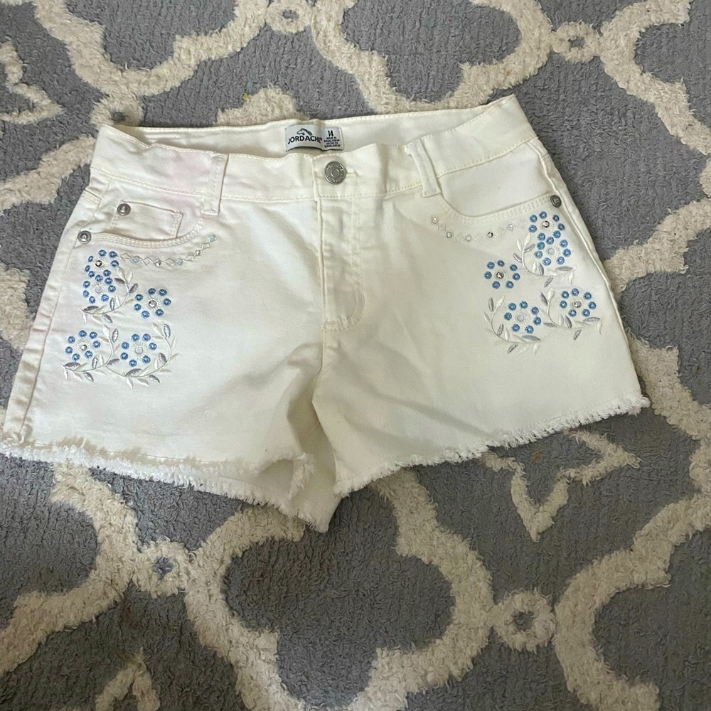 Girls White Shorts with blue floral embroidery